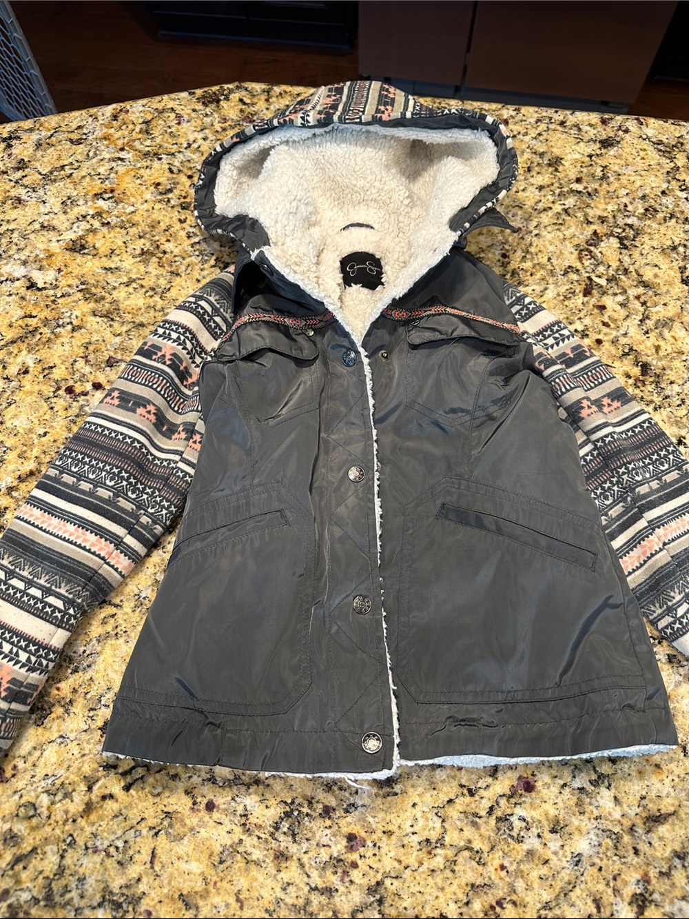 Jessica Simpson Gray Hooded Sherpa Coat with Patterned Knit Sleeves